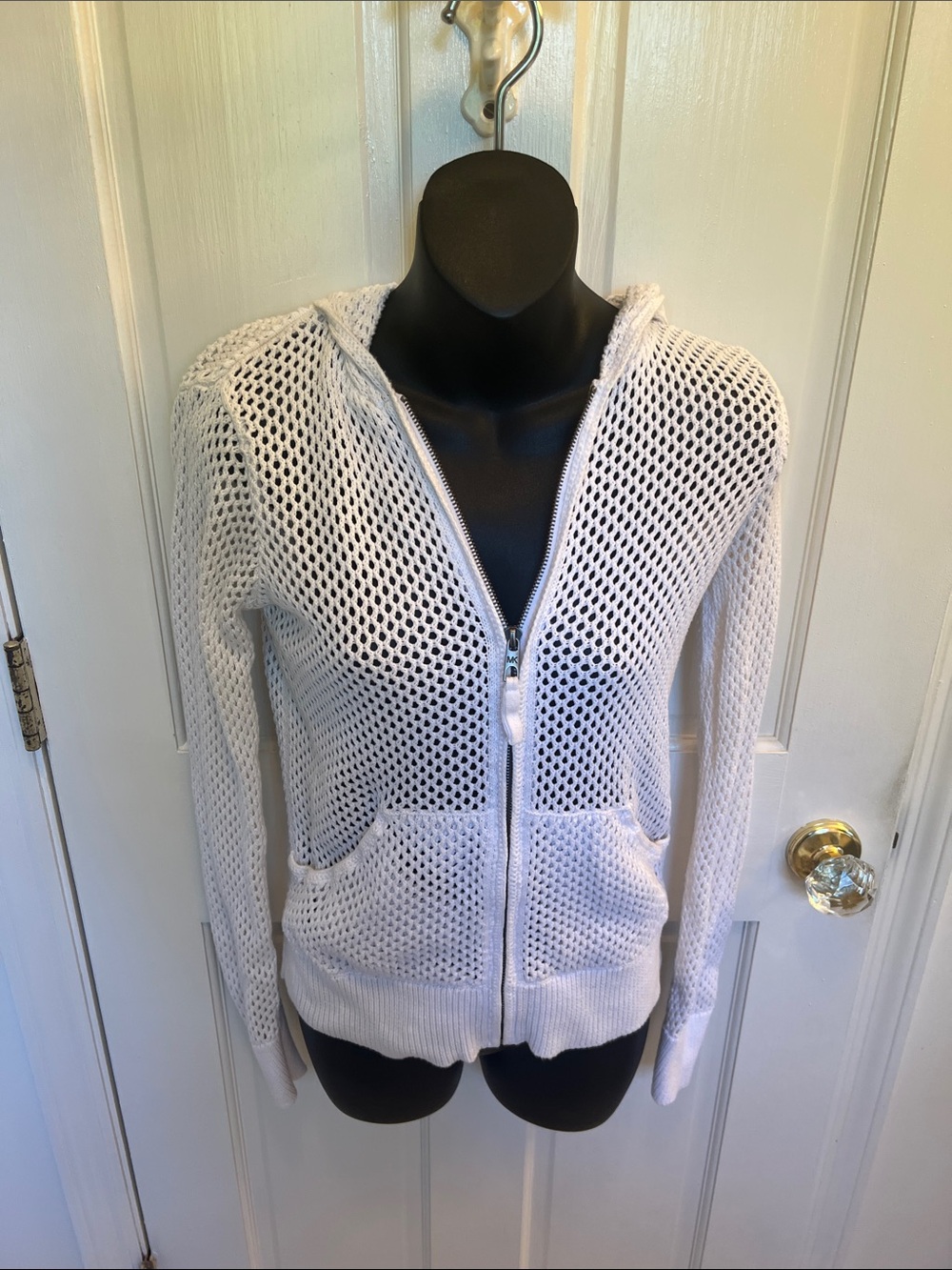MICHAEL Michael Kors Lightweight White Open-Knit Mesh Zip Hoodie, Size S